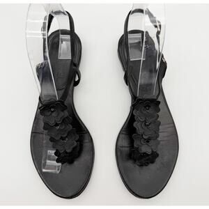 Chanel Camellia Sequin Black Leather Thong Sandal Silver CC Logo Size 36.5 Flat